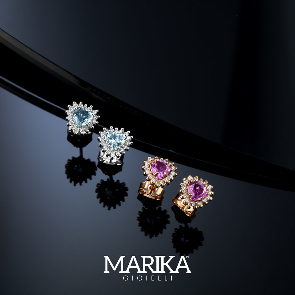 ORECCHINI CUORE IN ORO ROSA 18KT CON DIAMANTI E ZAFFIRI ROSA