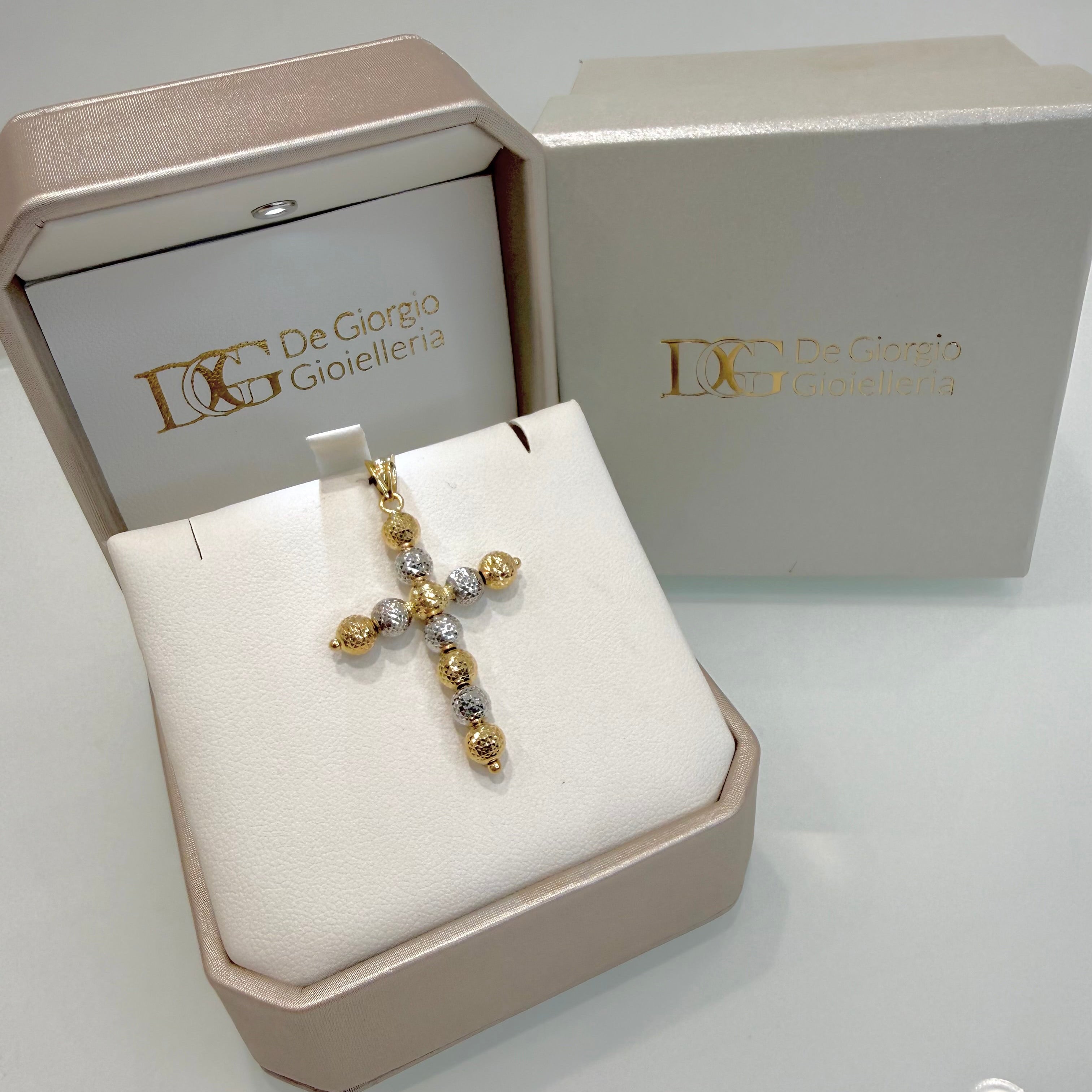 Ciondolo a croce in oro giallo e bianco 18KT (750) con sfere diamantate unisex