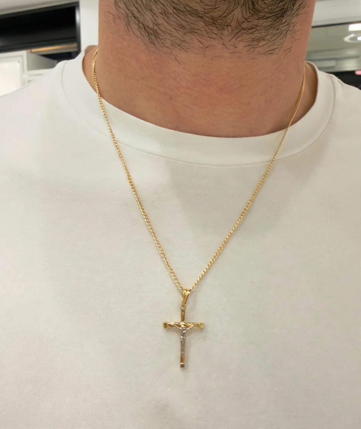 Collana da Uomo con Crocifisso Bicolore e Maglia Grumetta in Oro 18 KT