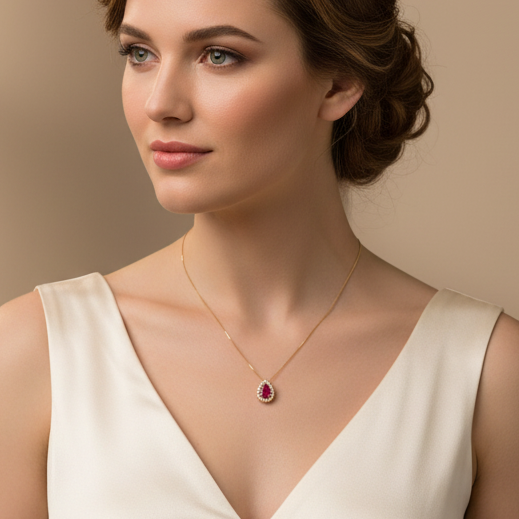 Ciondolo a goccia con zircone rosso e contorno di zirconi in oro giallo 18KT (750) – Made in Italy