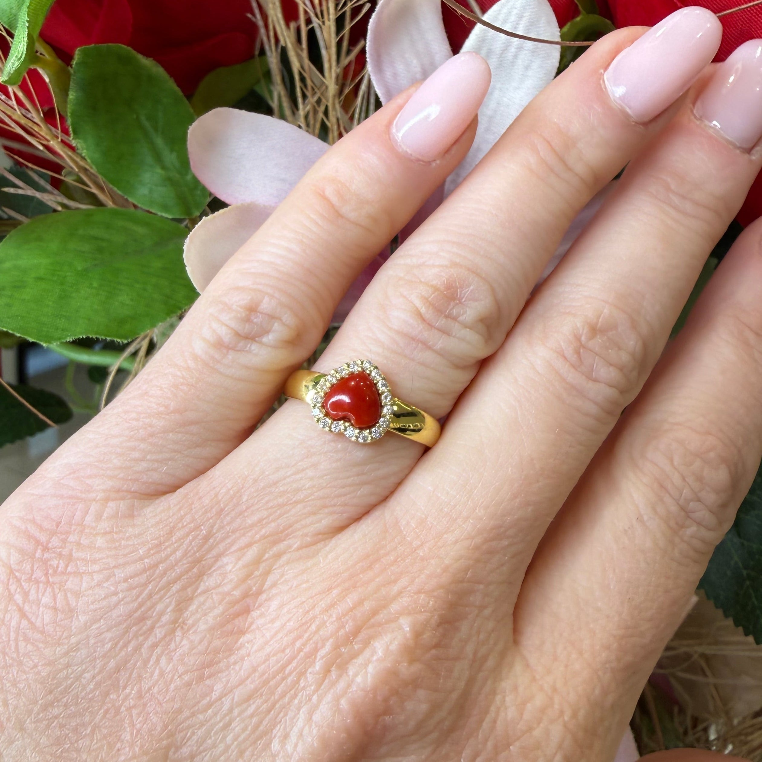 ANELLO CUORE IN ARGENTO GOLD CORALLO E ZIRCONI