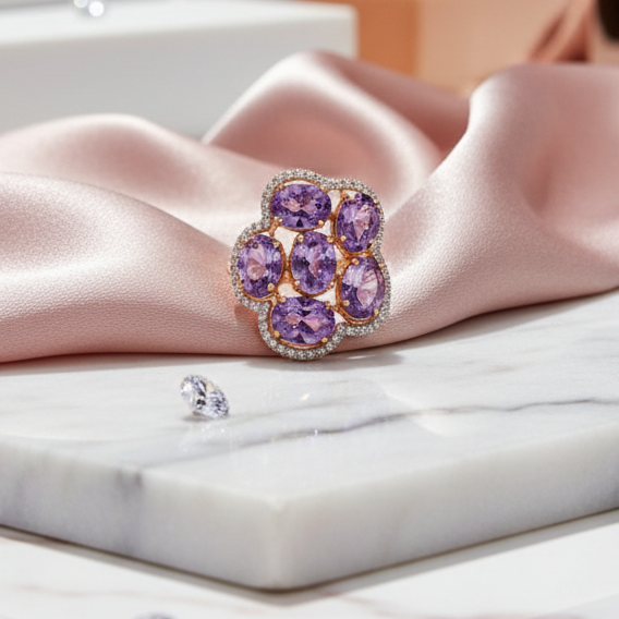 Anello cocktail in oro bianco e giallo 18KT (750) con pietre viola – Design importante