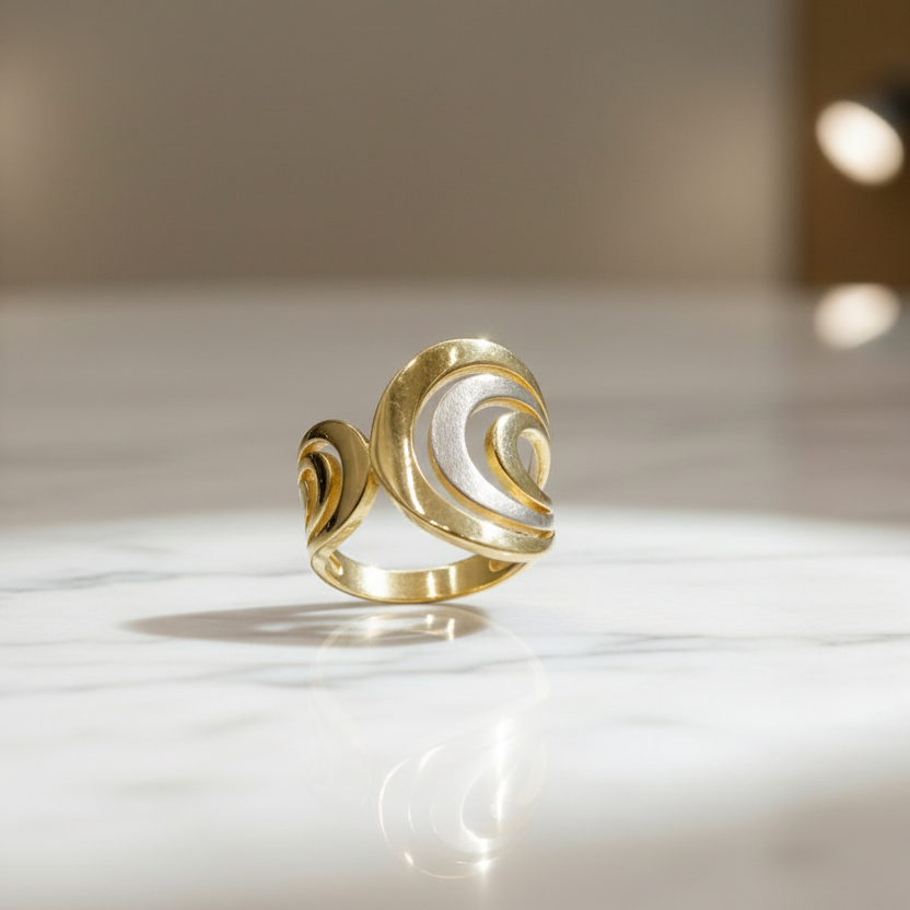 Anello realizzato in oro giallo 18KT (750), caratterizzato da un design moderno e avvolgente con linee morbide e dinamiche.