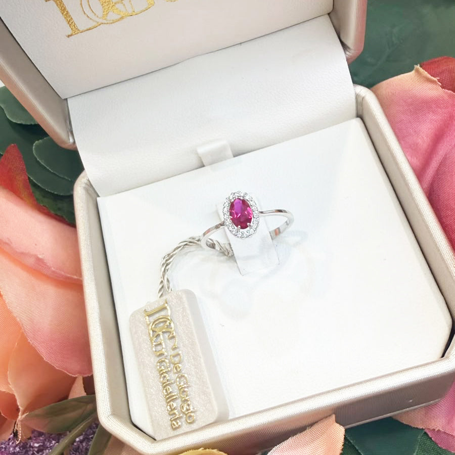 Anello Halo in Oro Bianco 18 KT con Zircone Rosso e Zirconi