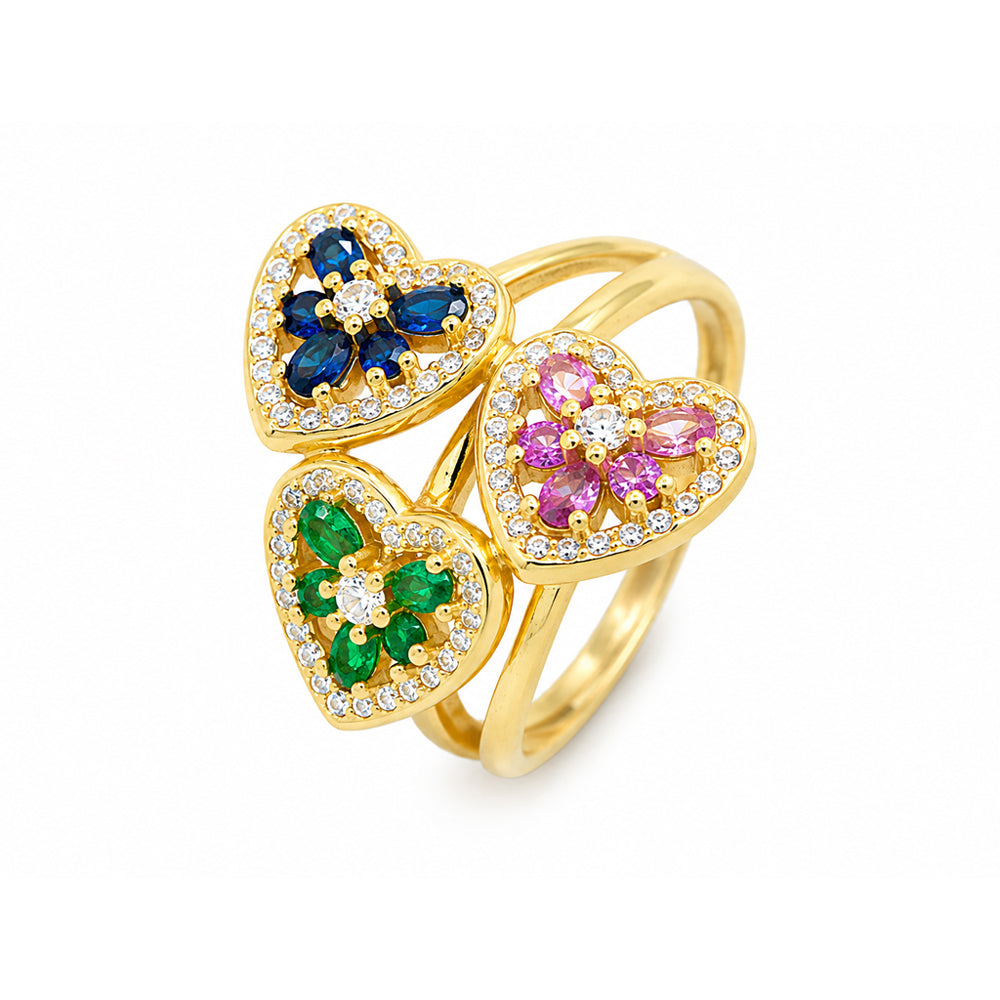 ANELLO TRIS DI CUORI MULTICOLOR CON ZIRCONI IN ARGENTO 925 DORATO