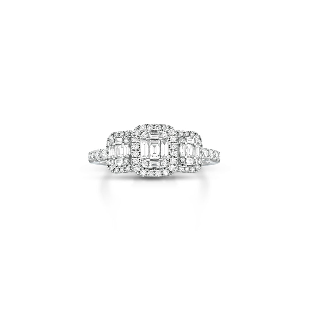 ANELLO TRILOGY IN ORO BIANCO 18KT CON DIAMANTI E BAGUETTE