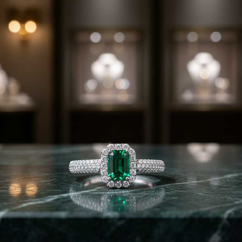 ANELLO IN ORO BIANCO 18 CARATI CON DIAMANTI E SMERALDO