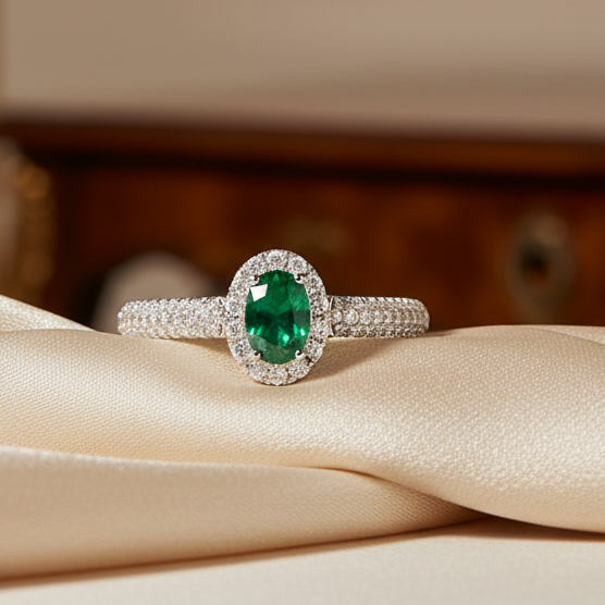 ANELLO IN ORO BIANCO 18 CARATI CON DIAMANTI E SMERALDO