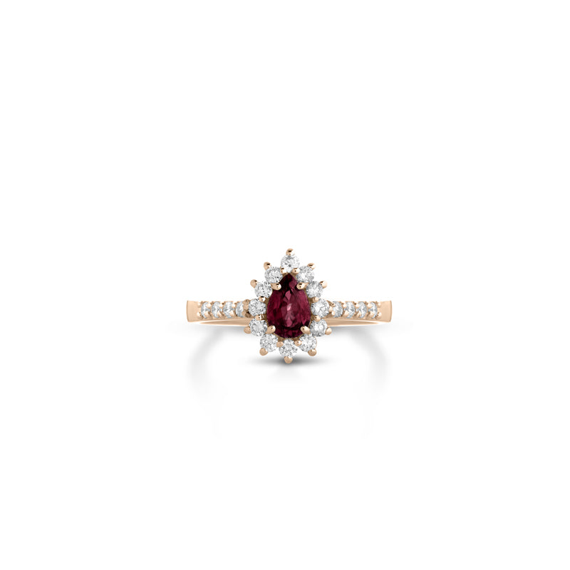 18K ROSE GOLD DROP RING WITH DIAMONDS AND RUBY
