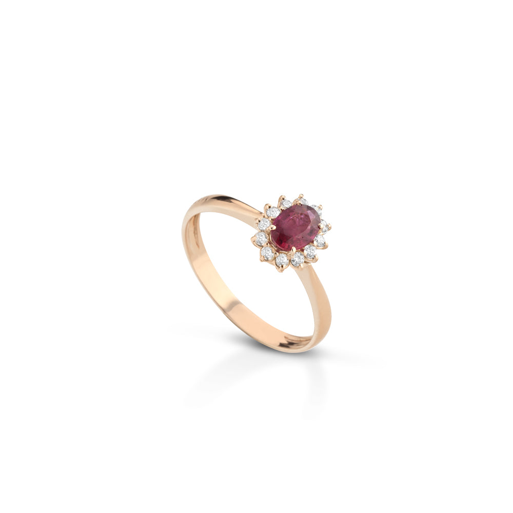 ANELLO IN ORO ROSA 18 CARATI CON DIAMANTI E RUBINO