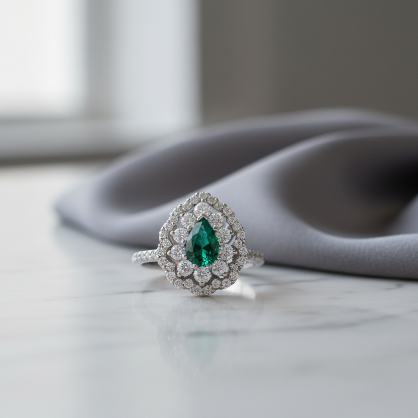 18KT WHITE GOLD DROP RING WITH DIAMONDS AND EMERALD