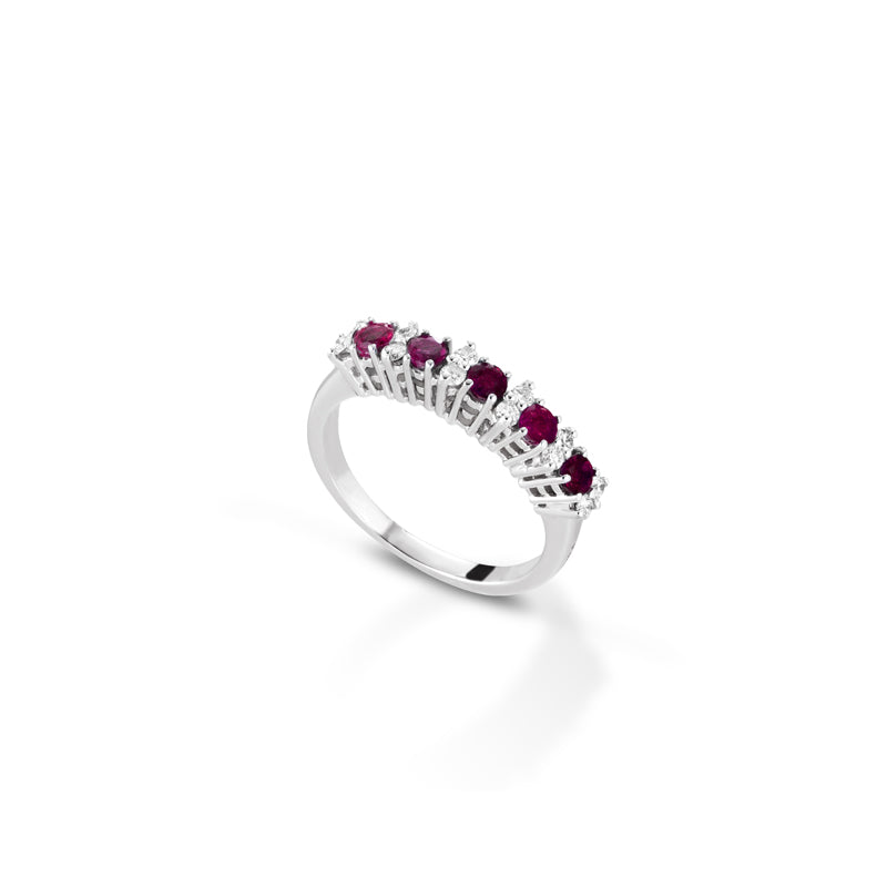 ANELLO VERETTA IN ORO BIANCO 18 CARATI CON DIAMANTI E RUBINI
