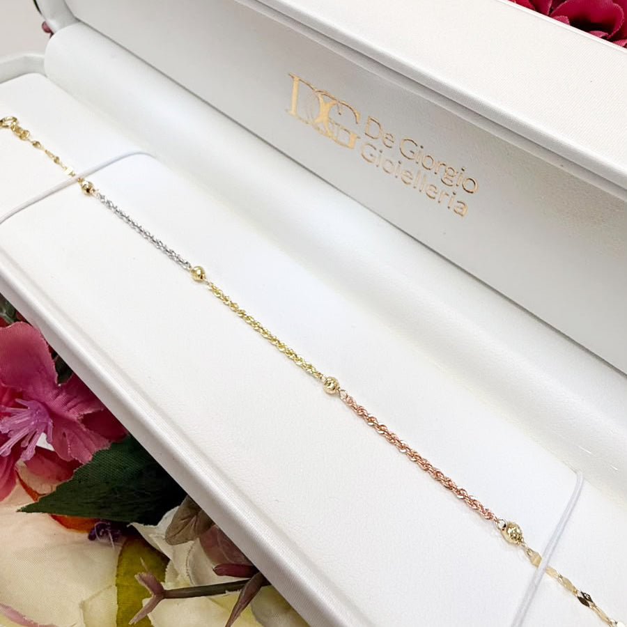 Bracciale torchon tricolore con sfere in oro 18 KT (750)