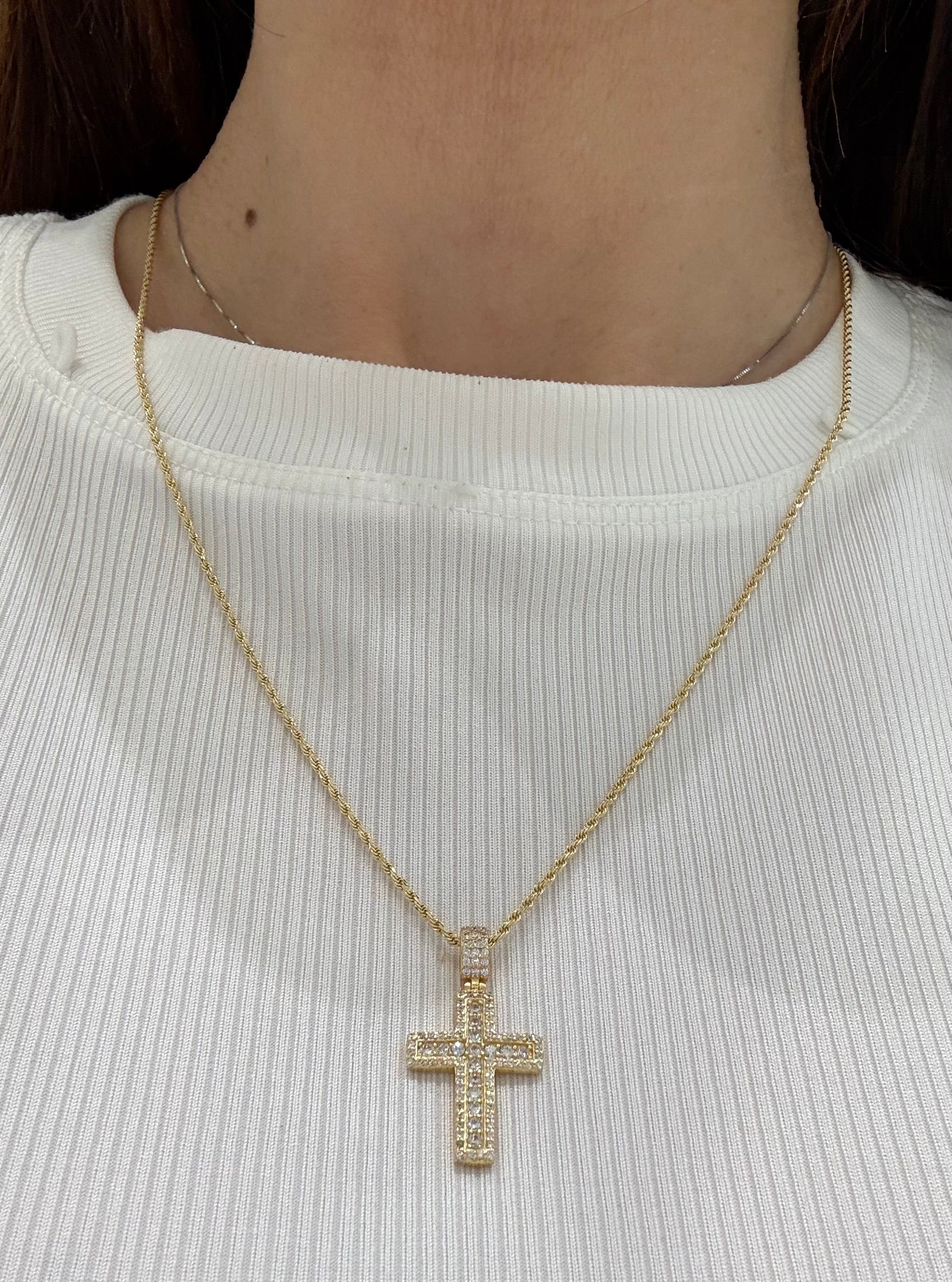 COLLANA UNISEX CON CROCE PAVÉ IN ARGENTO 925 DORATO