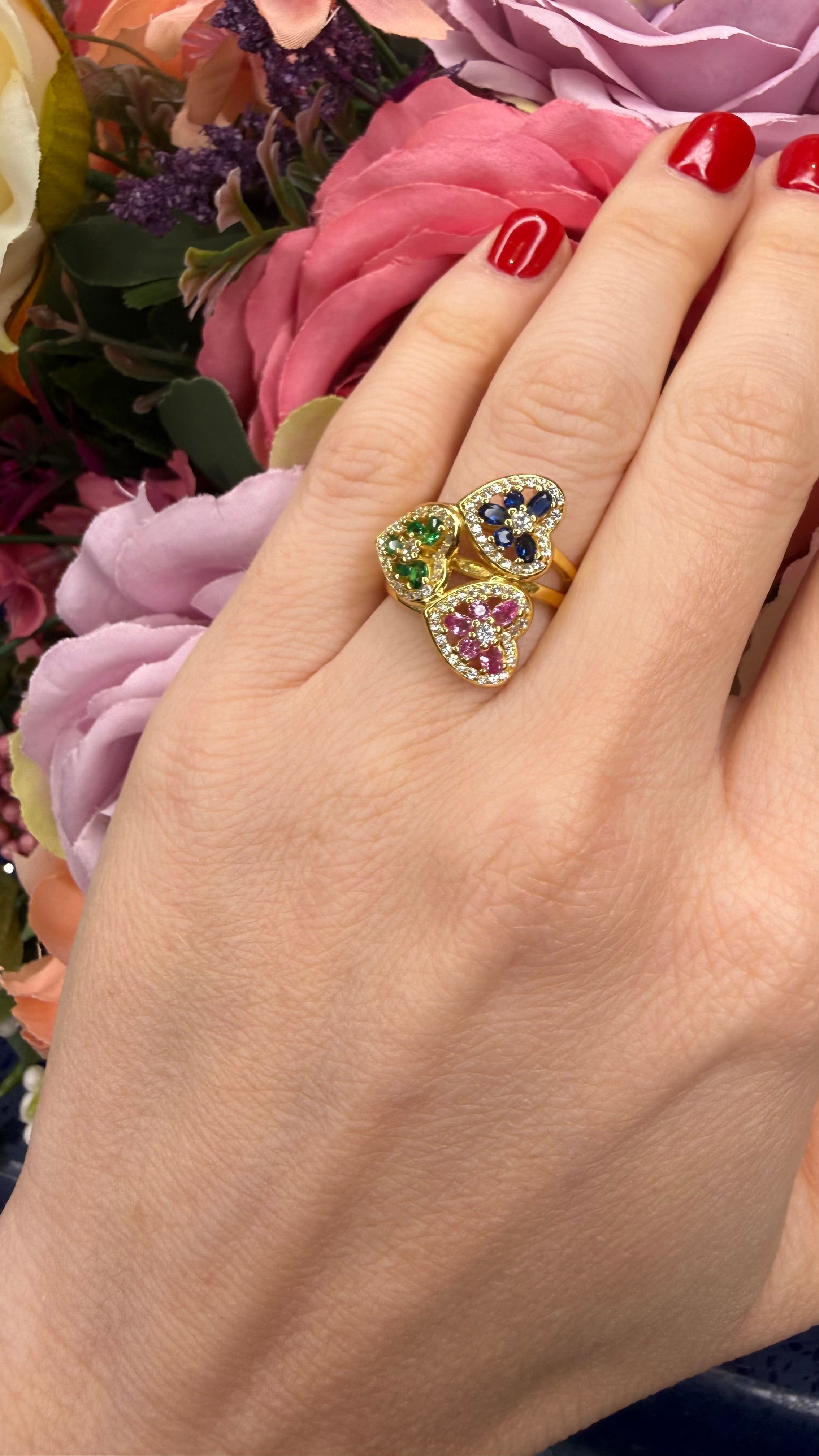 ANELLO TRIS DI CUORI MULTICOLOR CON ZIRCONI IN ARGENTO 925 DORATO