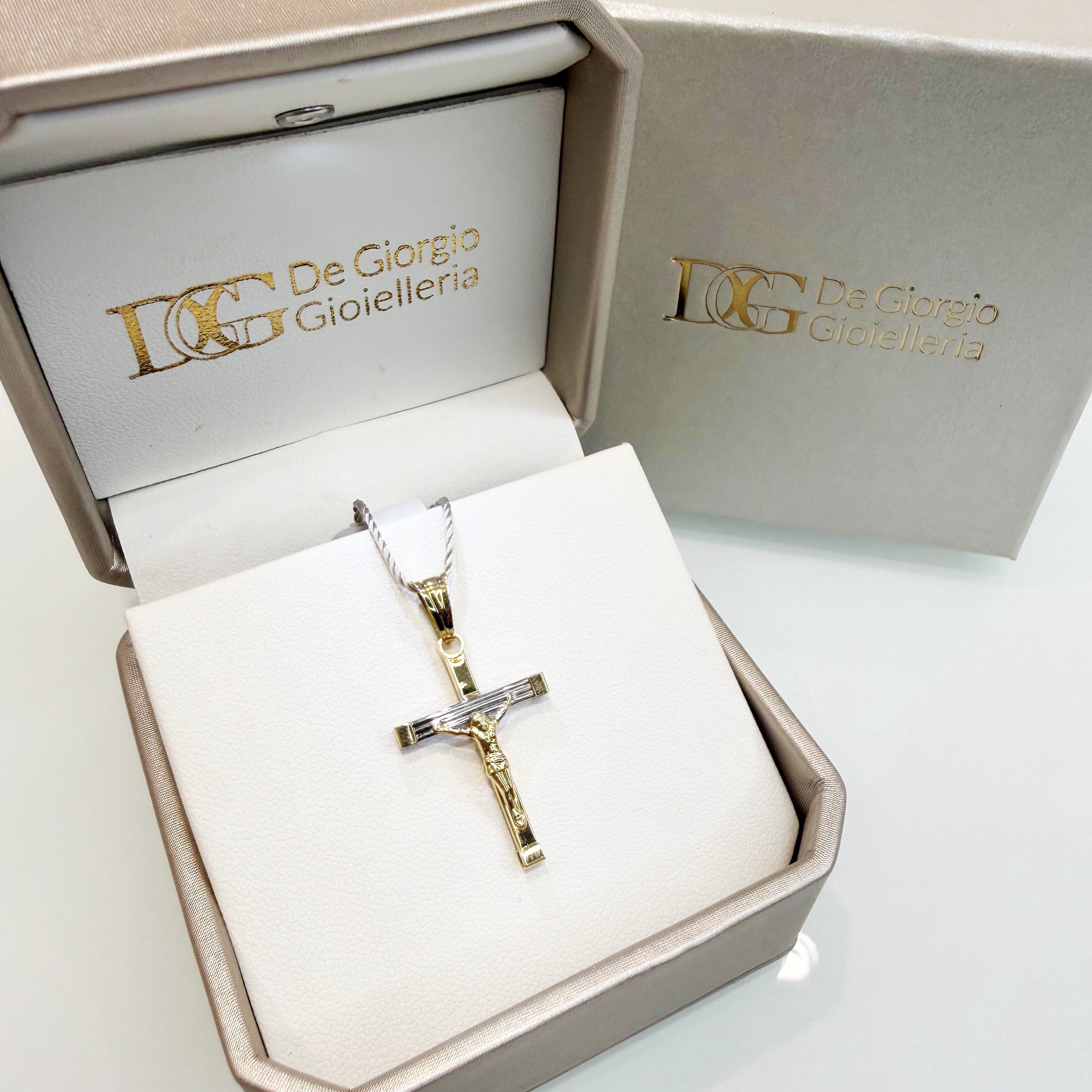 Ciondolo crocifisso bicolore in oro giallo e bianco 18KT (750) – Made in Italy