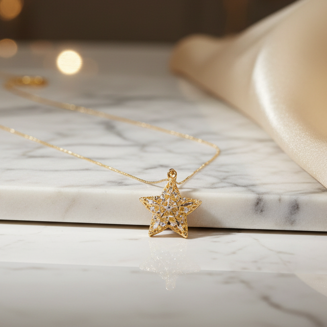 Collana con pendente a stella in oro giallo e bianco 18KT (750) con lavorazione luminosa