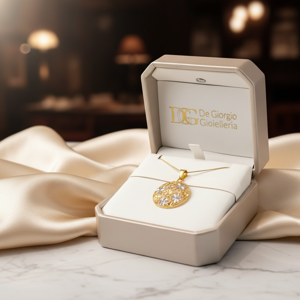 Collana con pendente tondo floreale in oro giallo e bianco 18KT (750) con lavorazione diamantata