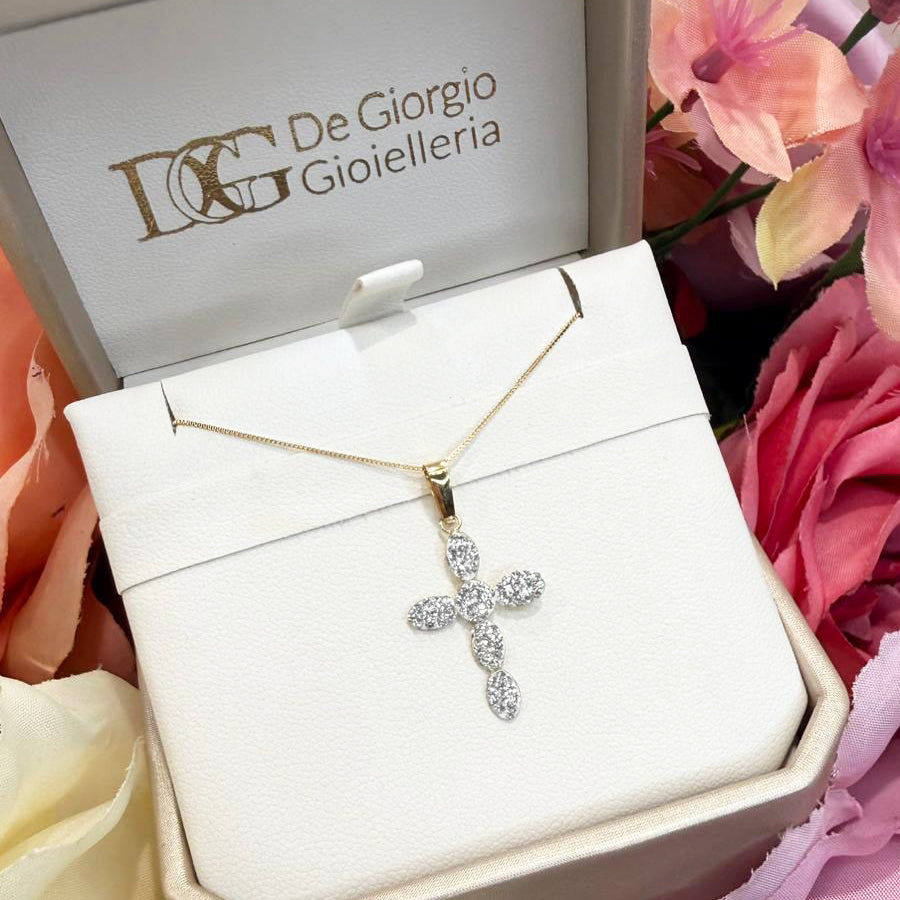 Ciondolo croce da donna con zirconi in oro giallo 18 Kt (750)