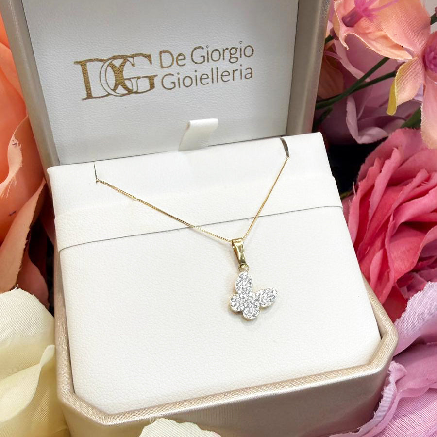 Ciondolo farfalla da donna con zirconi in oro giallo 18 Kt (750)