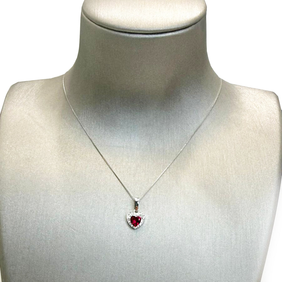 Ciondolo cuore da donna con pietra rossa e zirconi in oro bianco 18 Kt (750)