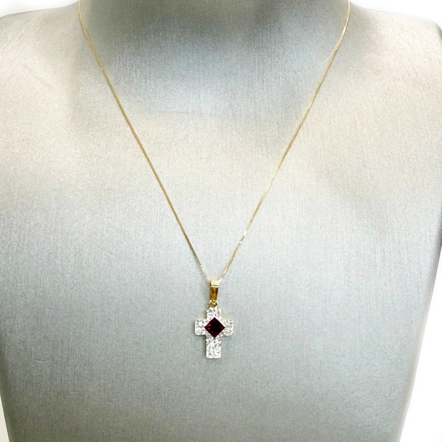 Ciondolo croce da donna con pietra rossa e zirconi in oro giallo 18 Kt (750)