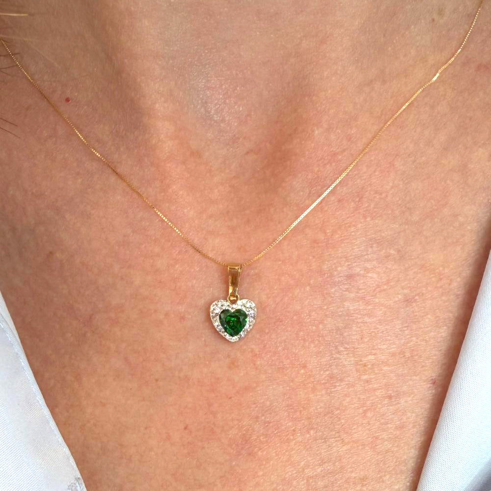 Ciondolo cuore da donna con pietra verde e zirconi in oro giallo 18 Kt (750)