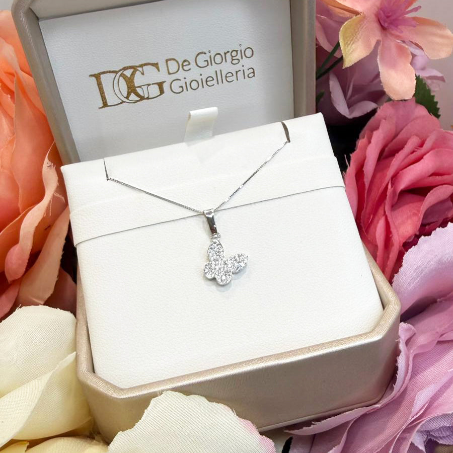 Ciondolo farfalla da donna con zirconi in oro bianco 18 Kt (750)