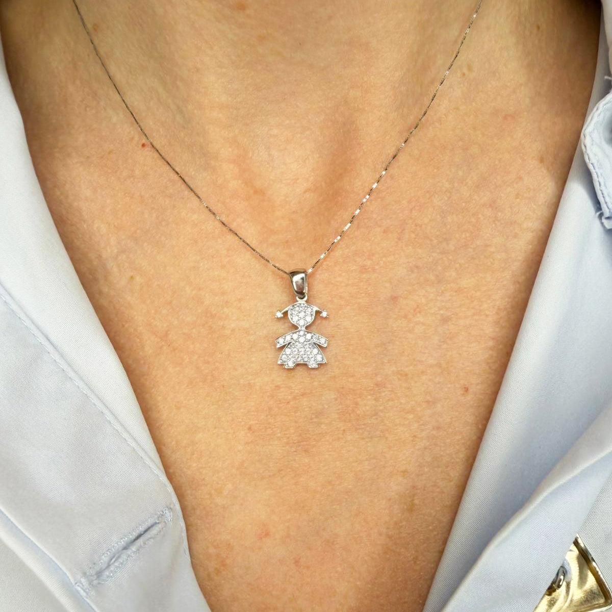 Ciondolo bimba da donna con zirconi in oro bianco 18 Kt (750)