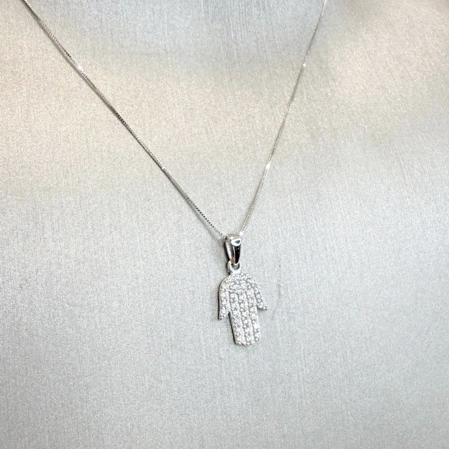 Collana Mano di Fatima con Zirconi in Oro Bianco 18KT (750)