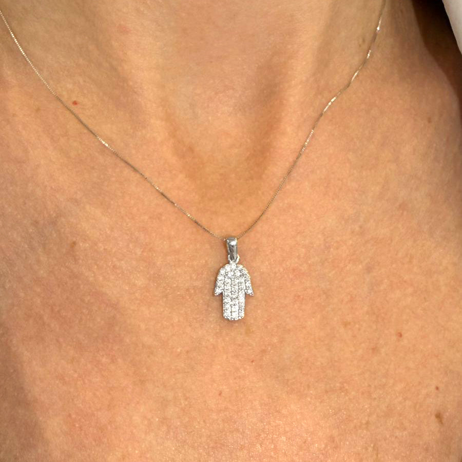 Collana Mano di Fatima con Zirconi in Oro Bianco 18KT (750)