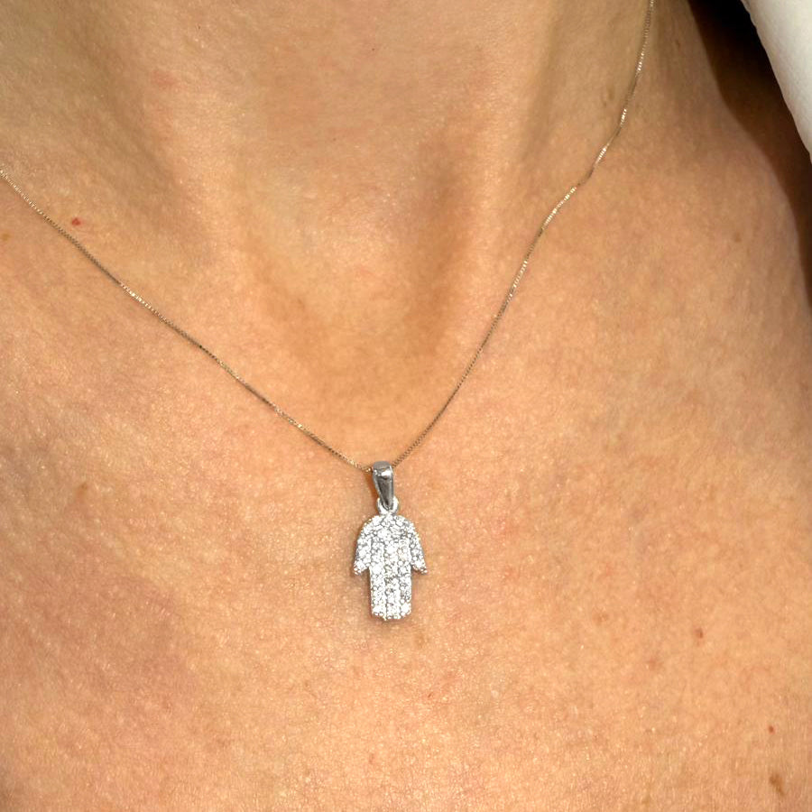 Collana Mano di Fatima con Zirconi in Oro Bianco 18KT (750)