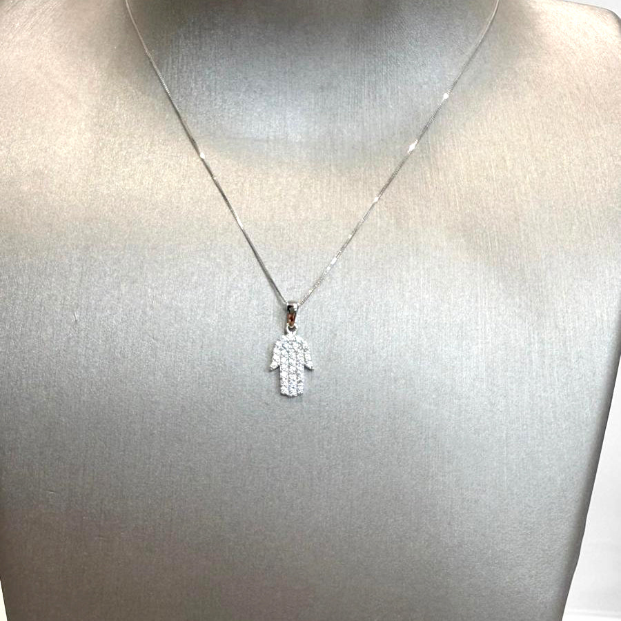 Collana Mano di Fatima con Zirconi in Oro Bianco 18KT (750)