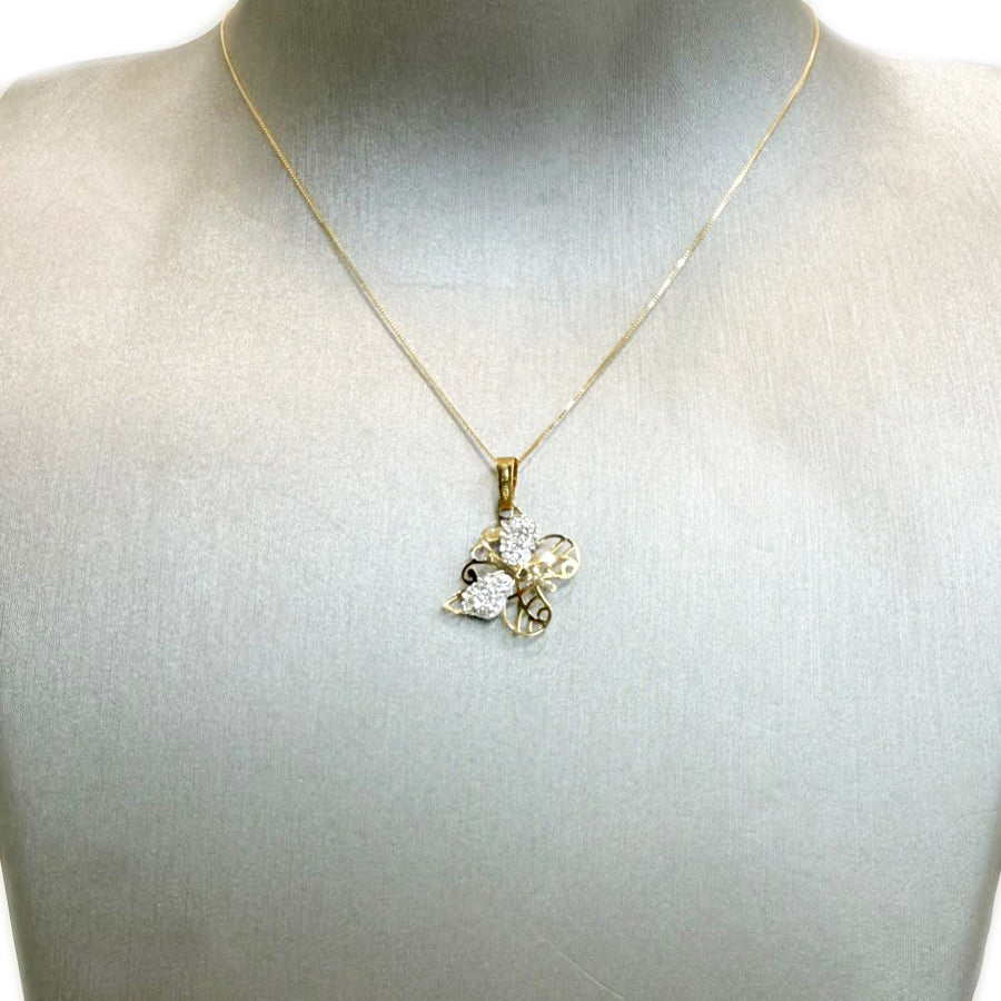 Collana con ciondolo farfalla e cuori zirconati in oro giallo 18 KT (750)