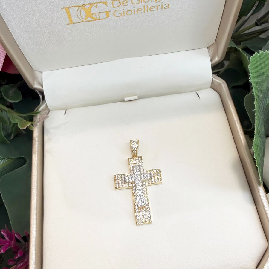 CIONDOLO CROCE IN ORO GIALLO E BIANCO 18 KT (750) CON ZIRCONI