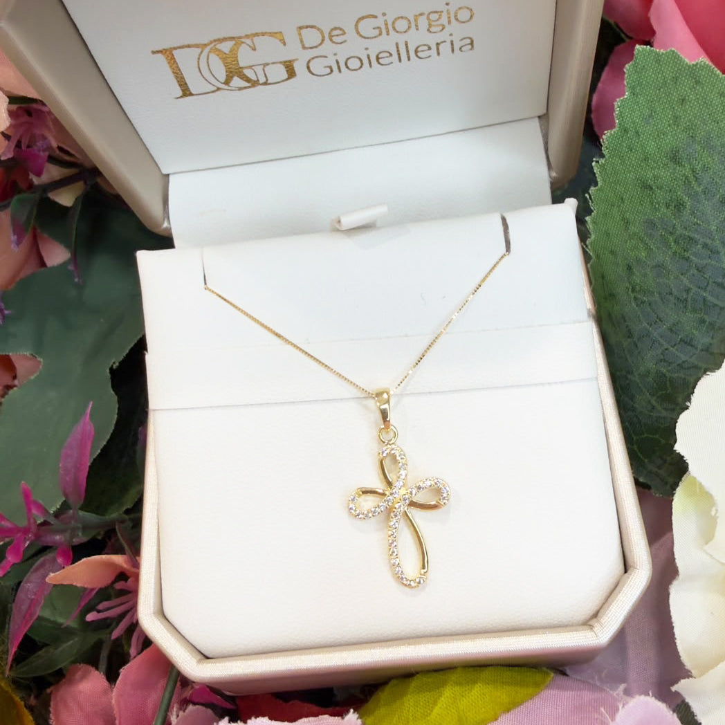 COLLANA CON CROCE STILIZZATA IN ORO GIALLO 18 KT (750) E ZIRCONI
