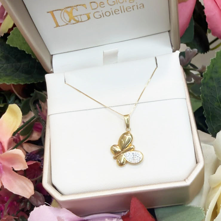 COLLANA IN ORO GIALLO 18 KT (750) CON FARFALLA BICOLORE E ZIRCONI