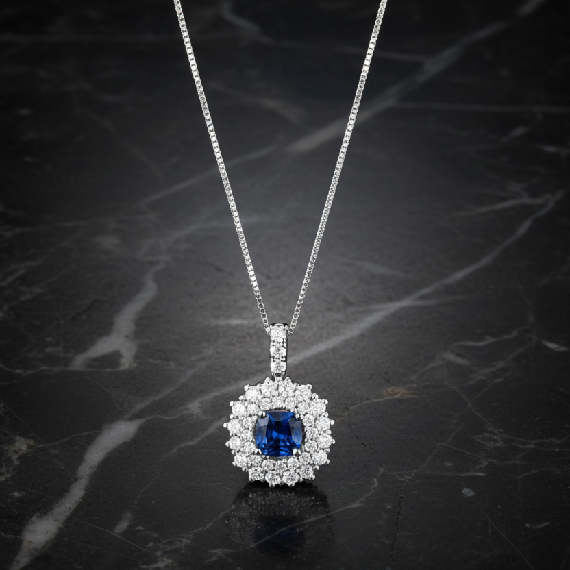 COLLANA IN ORO BIANCO 18KT CON DIAMANTI E ZAFFIRO