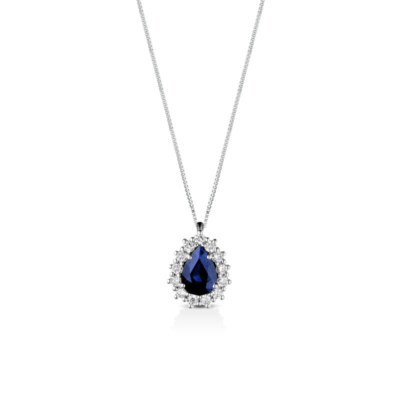 COLLANA CON GOCCIA IN ORO BIANCO 18KT CON DIAMANTI E ZAFFIRO