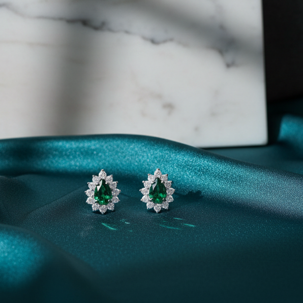 ORECCHINI GOCCIA IN ORO BIANCO 18KT CON DIAMANTI E SMERALDI