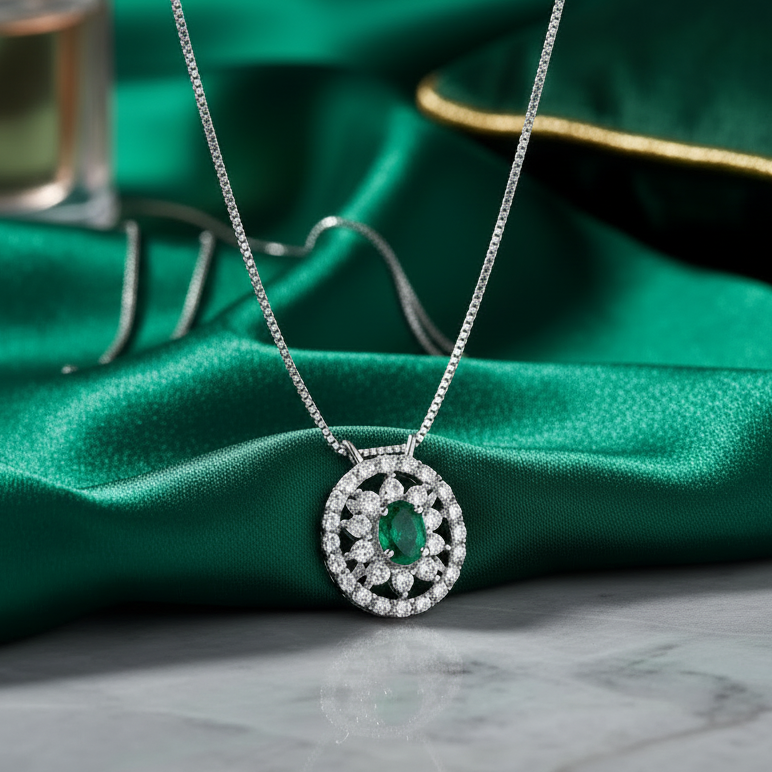 COLLANA IN ORO BIANCO 18KT CON DIAMANTI E SMERALDO