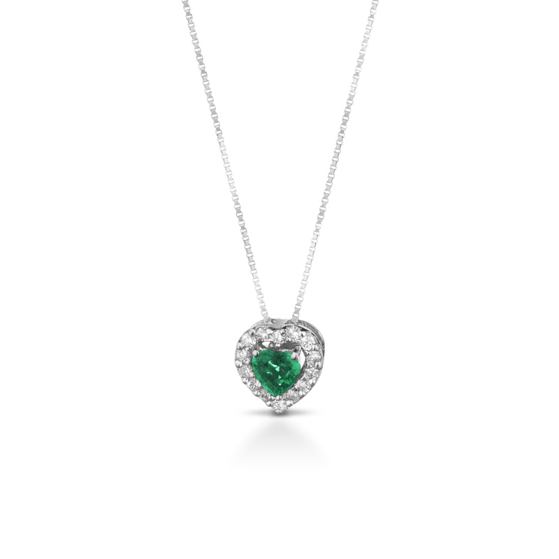 CIONDOLO CUORE IN ORO BIANCO 18KT CON DIAMANTI E SMERALDO