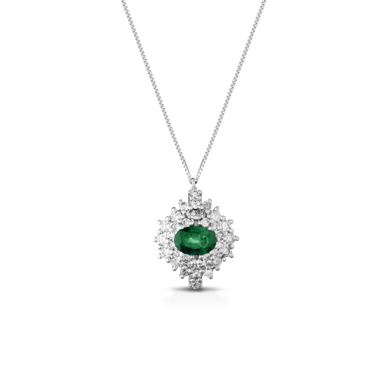 COLLANA IN ORO BIANCO 18KT CON DIAMANTI E SMERALDO