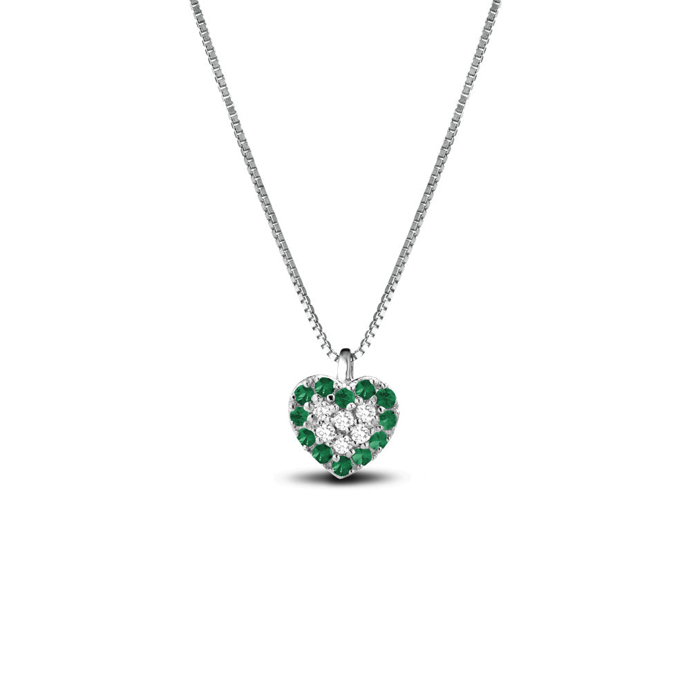 COLLANA CUORE IN ORO BIANCO 18KT CON DIAMANTI E SMERALDI