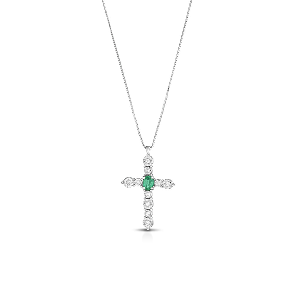 COLLANA CON CROCE IN ORO BIANCO 18KT CON DIAMANTI E SMERALDO