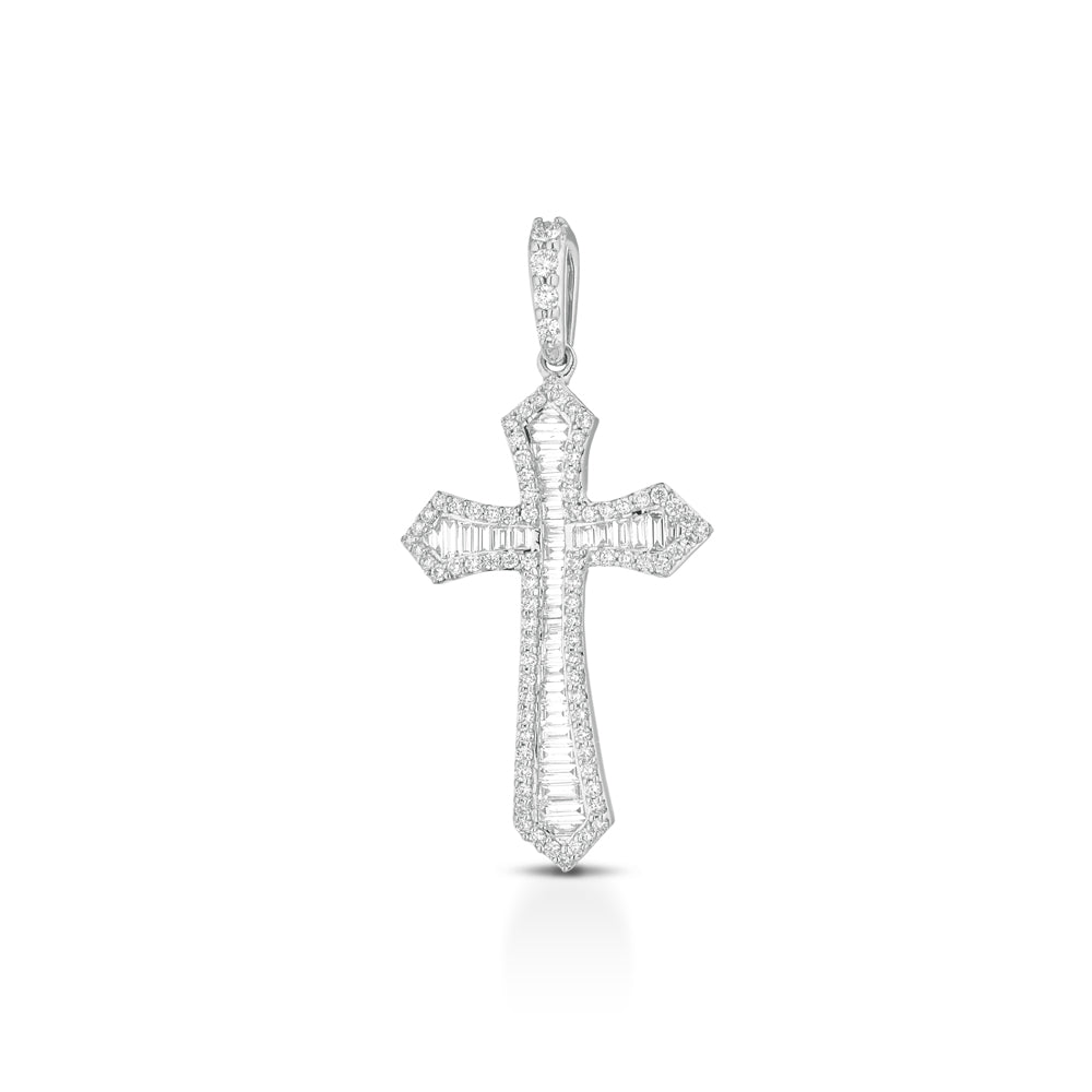 CIONDOLO CROCE IN ORO BIANCO 18KT DIAMANTI E BAGUETTE