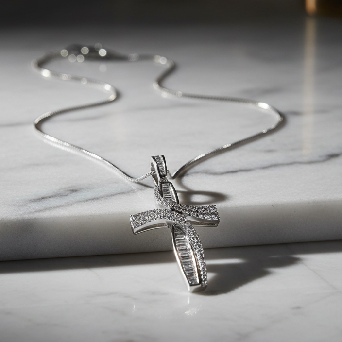 COLLANA CON CROCE IN ORO BIANCO 18KT DIAMANTI E BAGUETTE