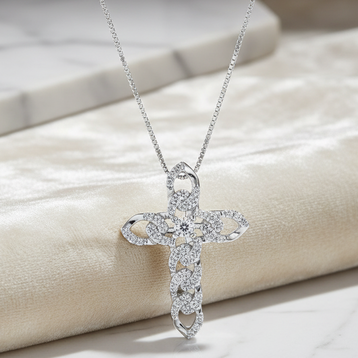 COLLANA CON CROCE IN ORO BIANCO 18 CARATI E DIAMANTI