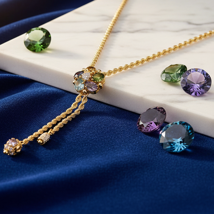 Collana in oro giallo 18KT (750) con pendente multifilo e pietre colorate