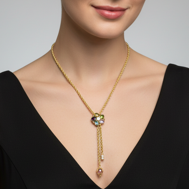 Collana in oro giallo 18KT (750) con pendente multifilo e pietre colorate